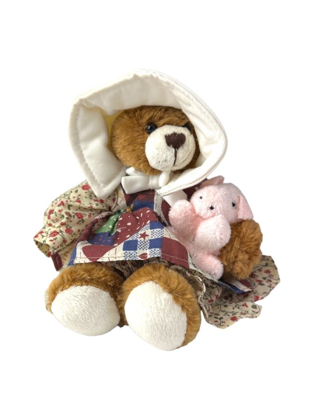 Stuffed Animal Plushland Brown Teddy Bear Dressed In Floral & Patchwork Dress Ho